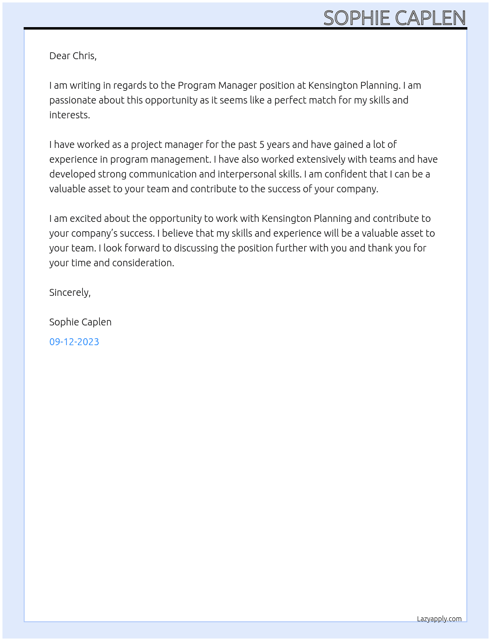 Program Manager At Kensington Planning Cover Letter
