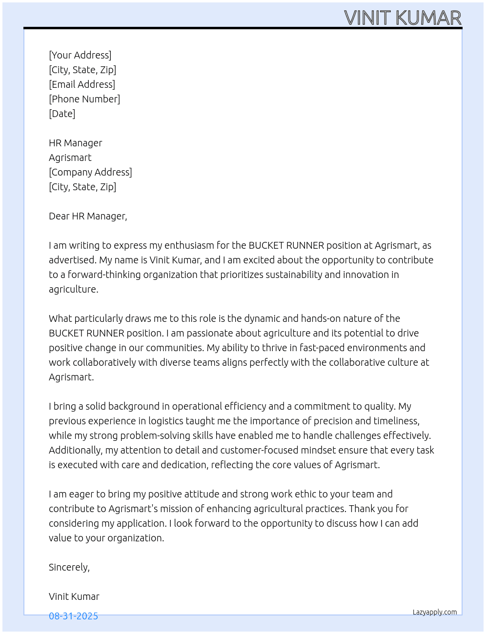 Cover letter for bucket runner - LazyApply