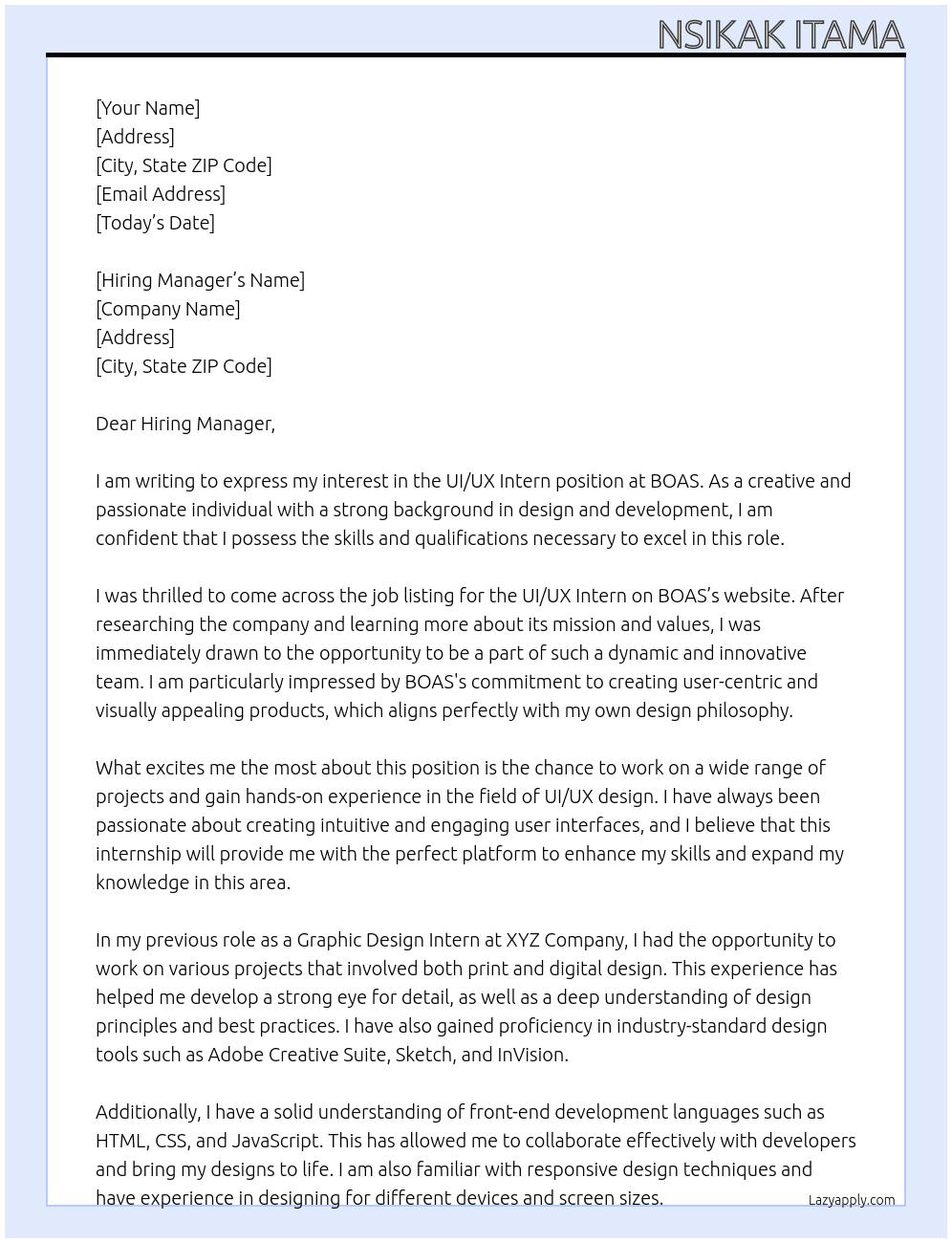 UI/UX Intern At BOAS Cover Letter