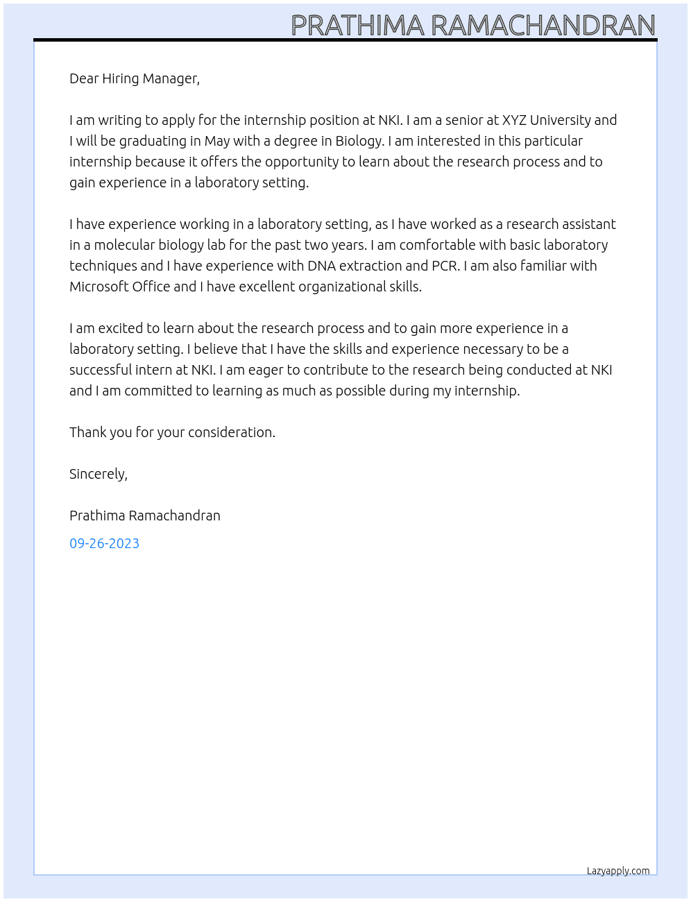 Internship At NKI Cover Letter