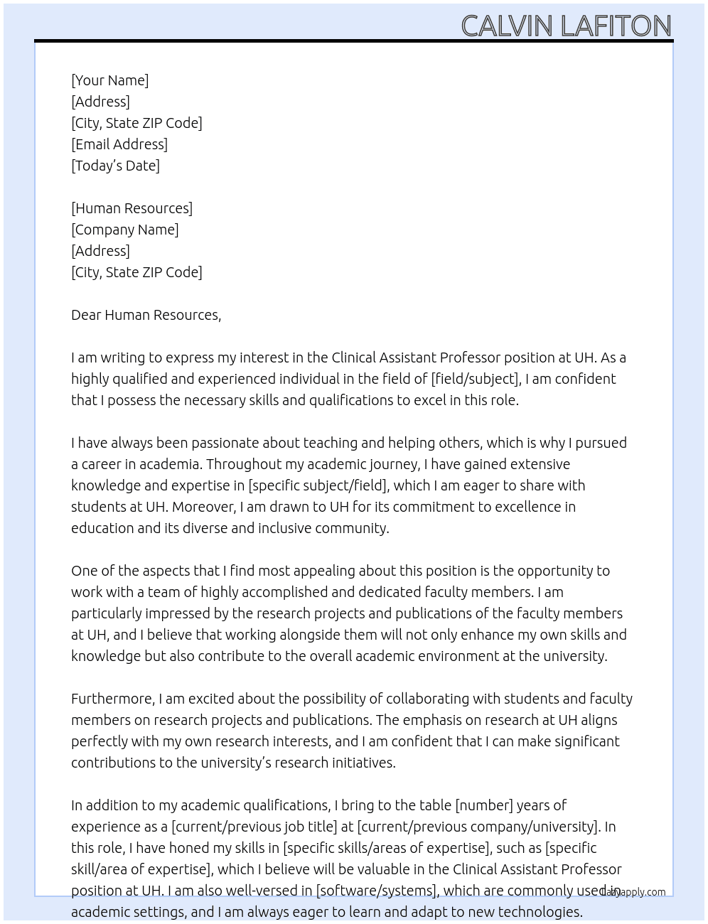 Cover letter for clinical assistant professor - LazyApply