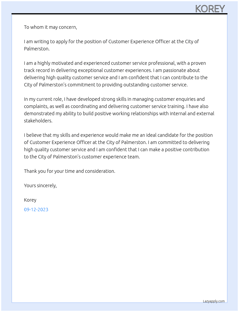Customer Experience Officer At City of Palmerston Cover Letter
