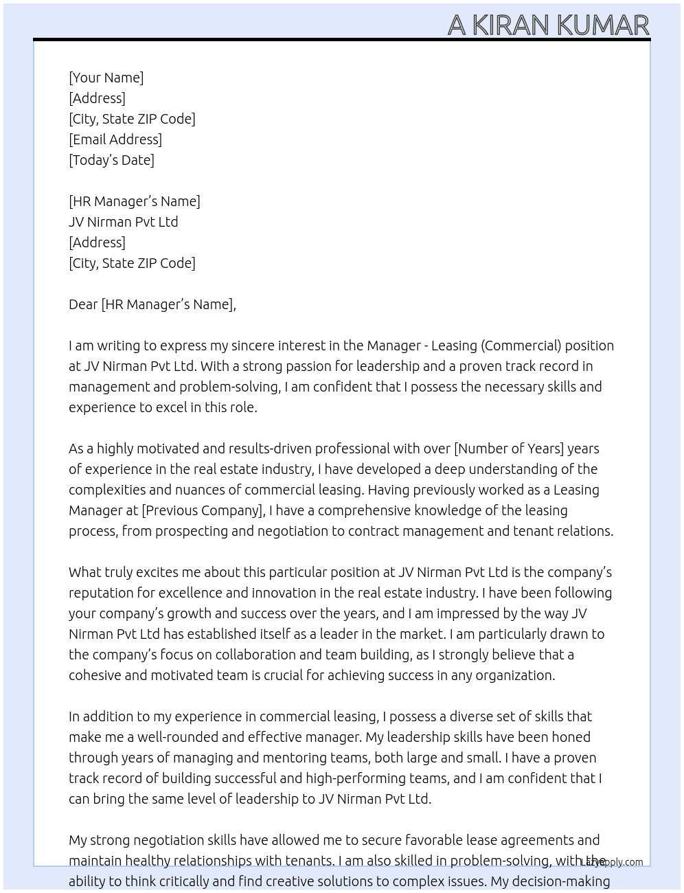 Manager - Leasing (Commercial) At JV Nirman Pvt Ltd Cover Letter