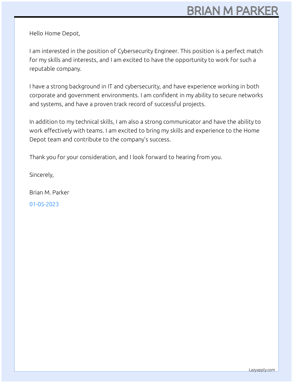 Cybersecurity Engineer At Home Depot  Cover Letter