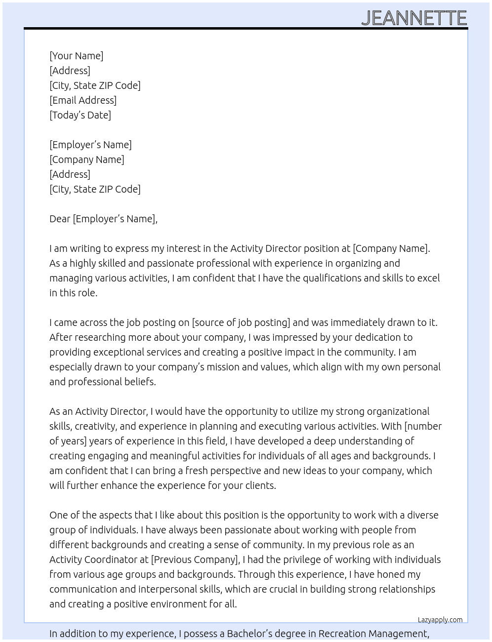 Activity Director At idk Cover Letter