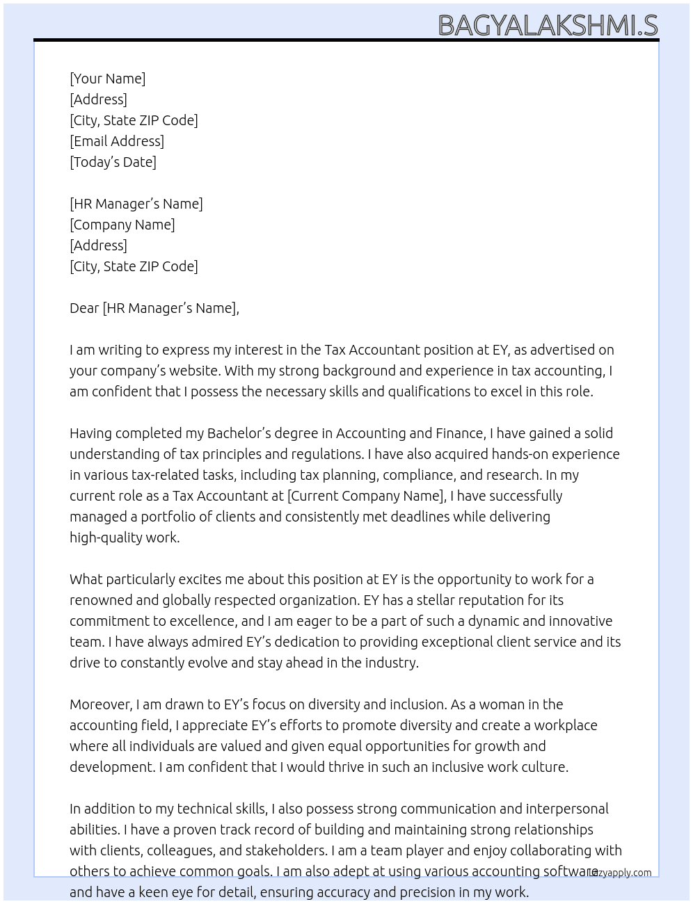 Tax accountant At EY Cover Letter