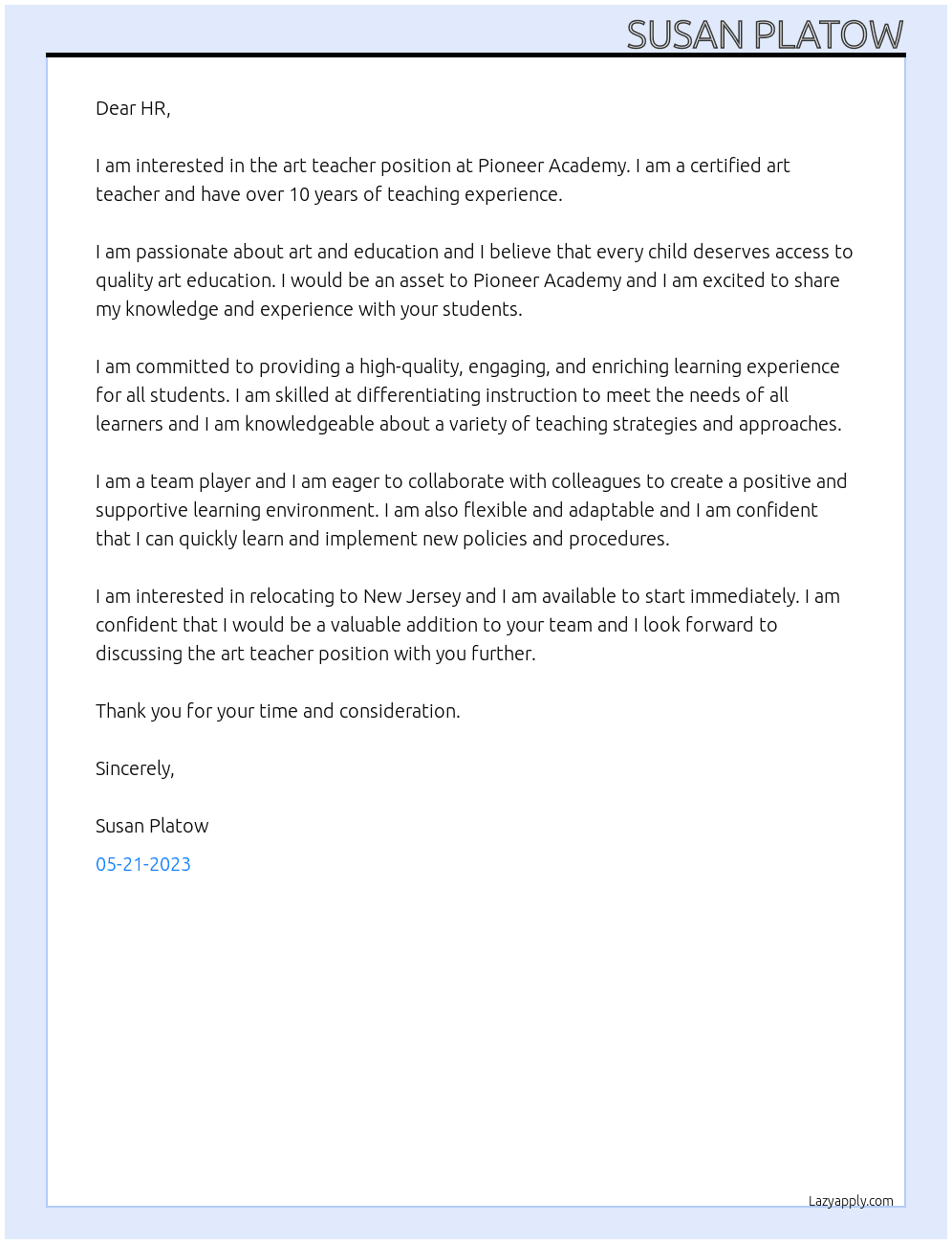 Art Teacher At Pioneer Academy Cover Letter