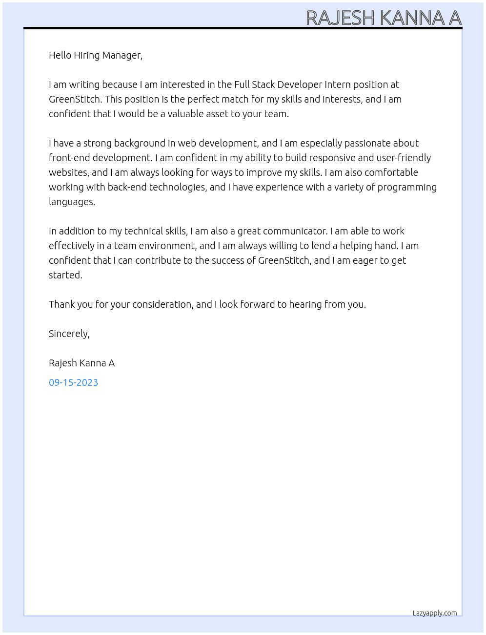 Full Stack Developer Intern At GreenStitch Cover Letter