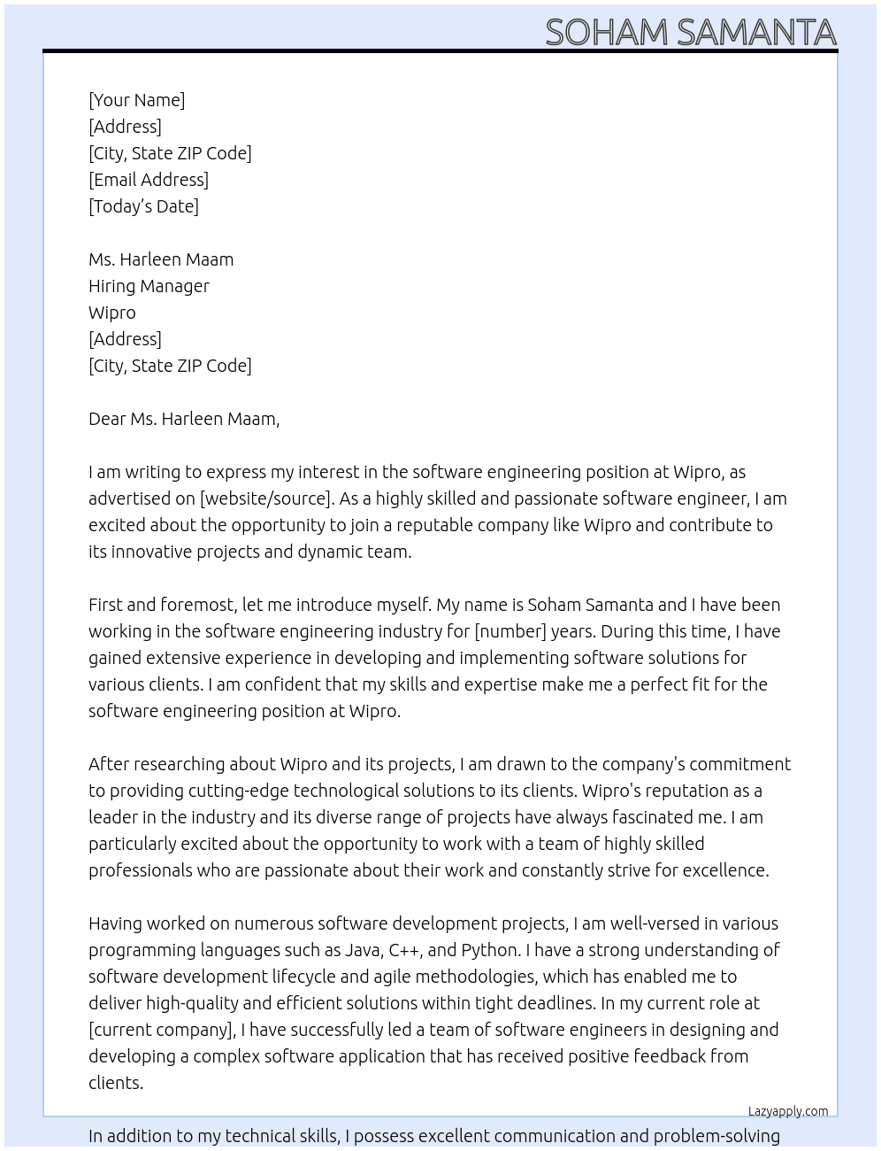 software engineering At wipro Cover Letter