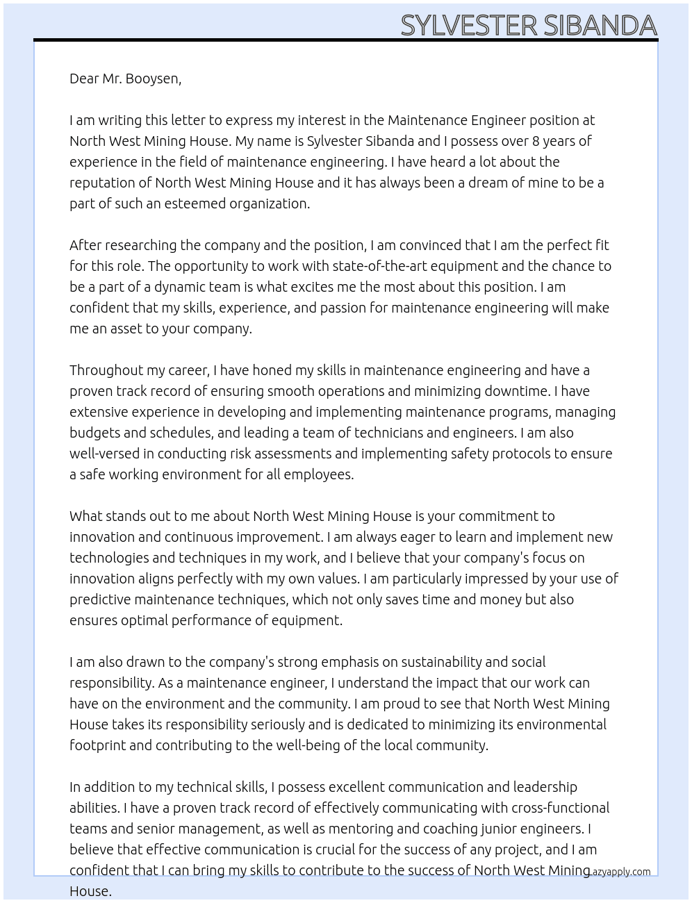 Maintenance Engineer At North West Mining House Cover Letter