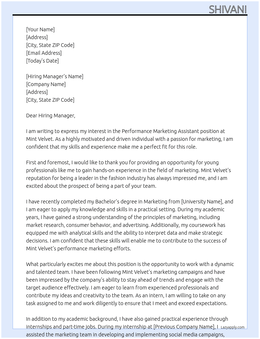 Performance Marketing Assistant At Mint Velvet  Cover Letter