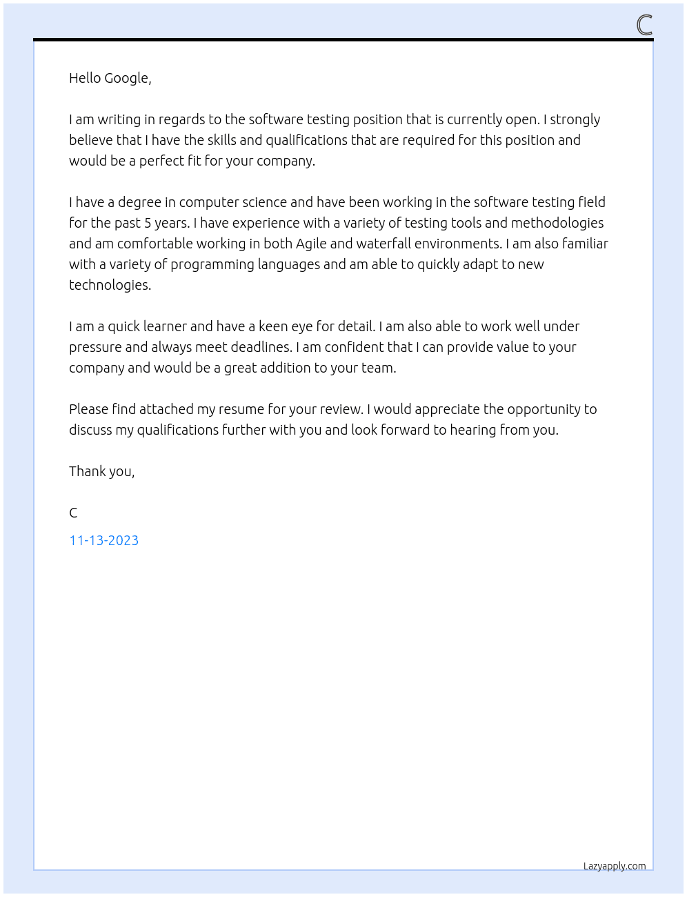 software testing At google Cover Letter