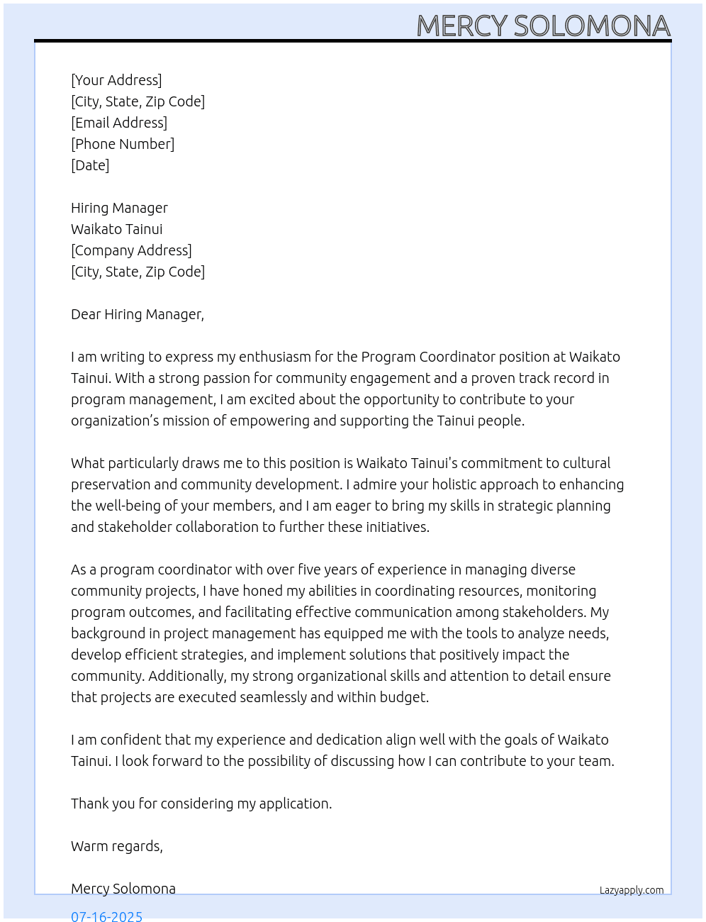 program coordinator  At Waikato Tainui Cover Letter