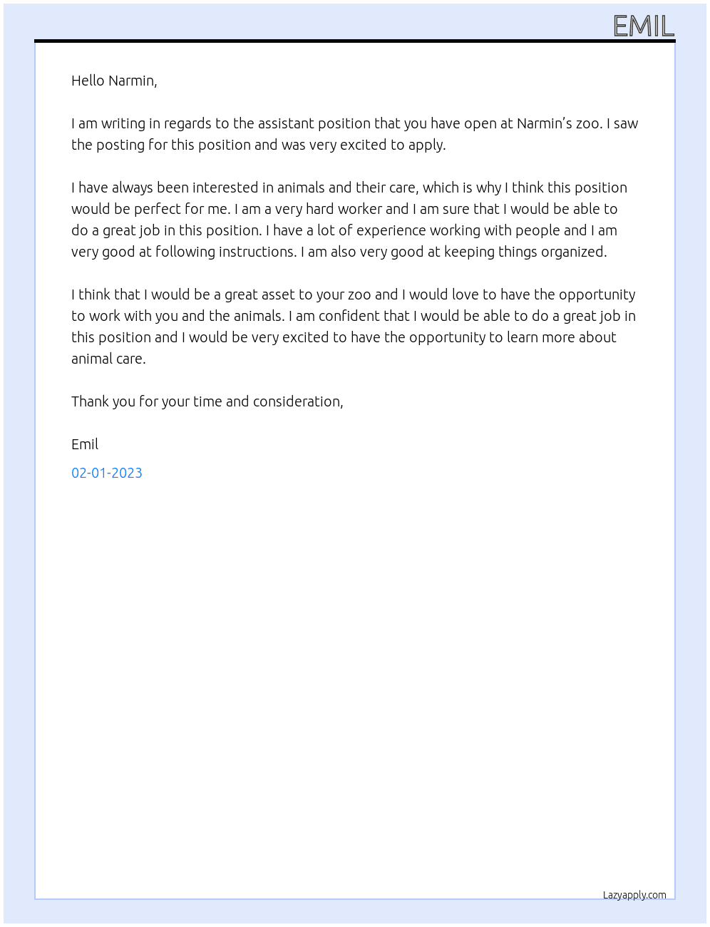 Narmin’s assistant At Narmin’s zoo Cover Letter