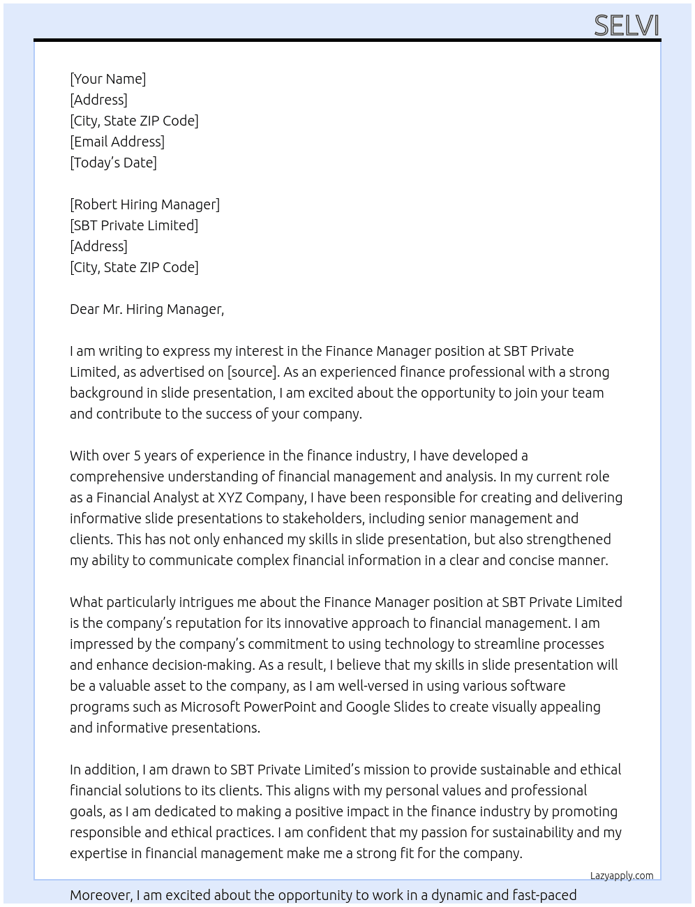 Finance manager At SBT private limited  Cover Letter