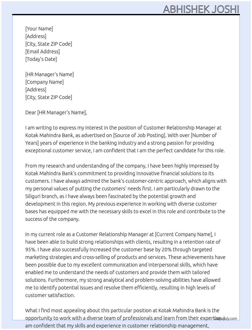 customer Relationship Manager At kotak mahindra bank Cover Letter
