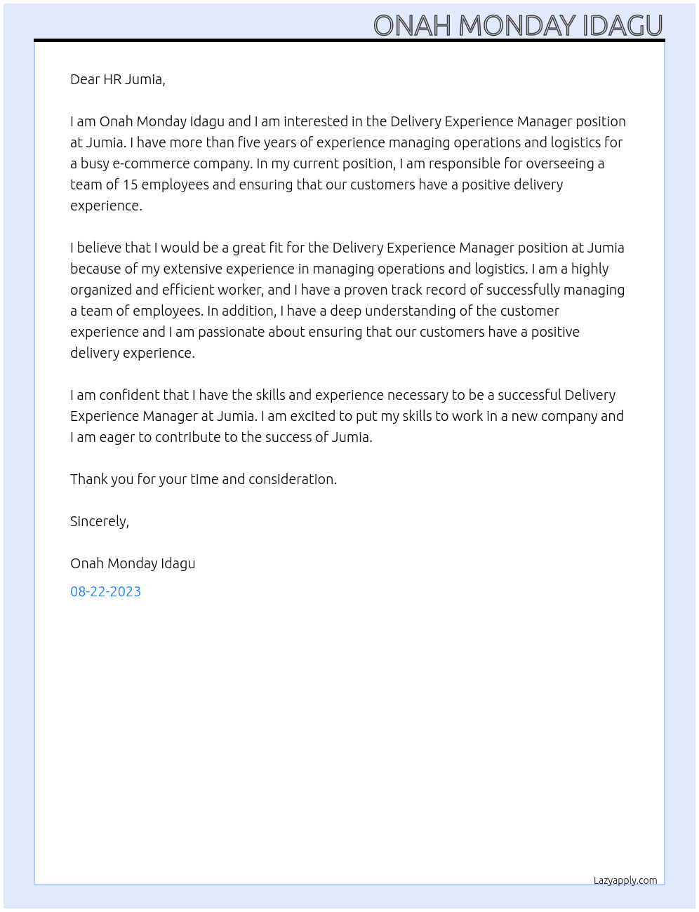 Delivery Experience Manager At Jumia Cover Letter