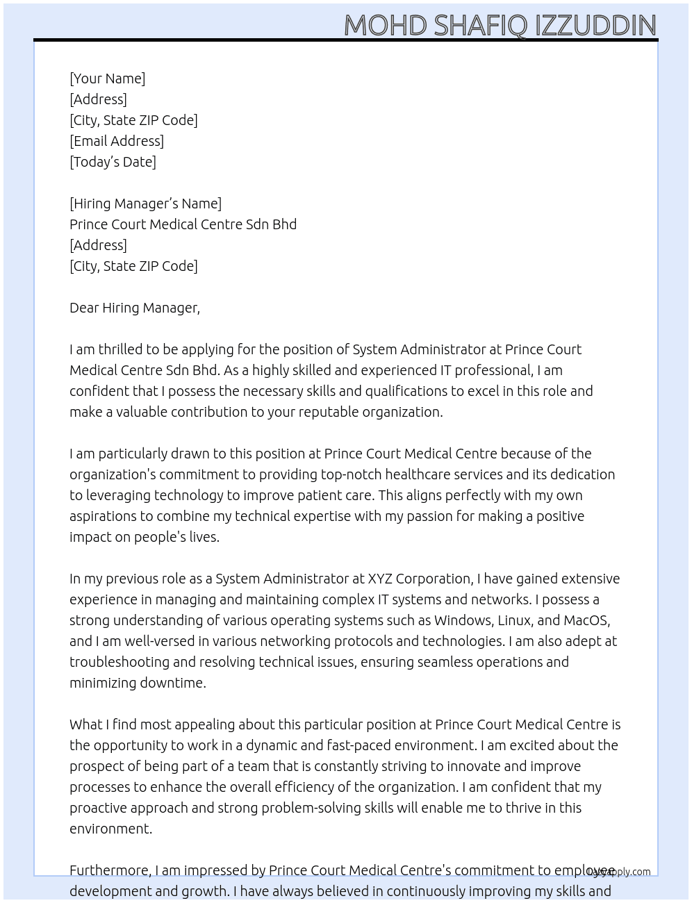 System Administrator At Prince Court Medical Centre Sdn Bhd Cover Letter