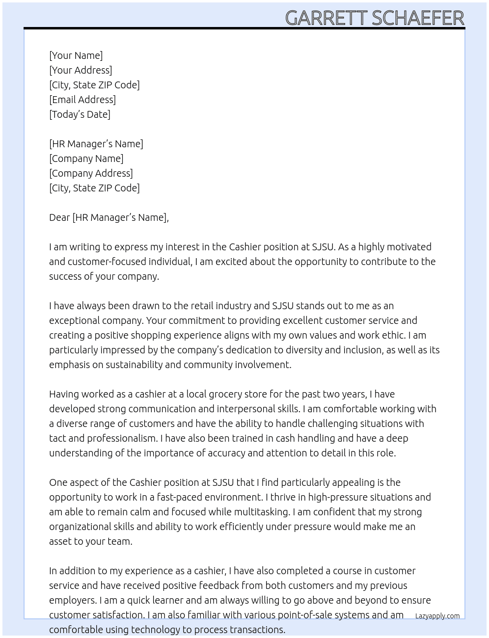 Cashier At SJSU Cover Letter