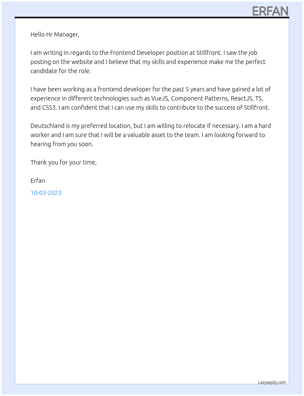 Frontend Developer At Stillfront Cover Letter