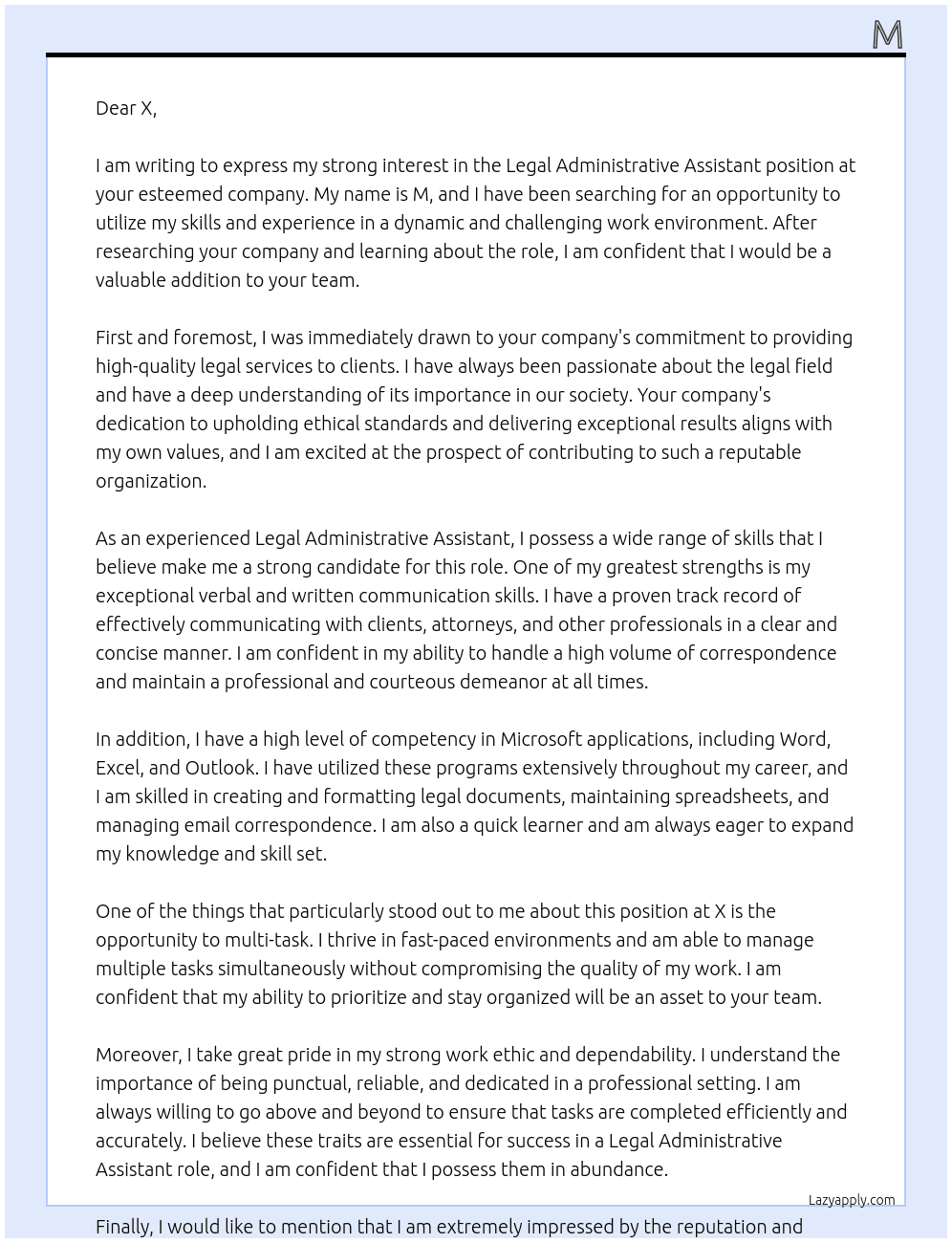 Legal Administrative Assistant At X Cover Letter