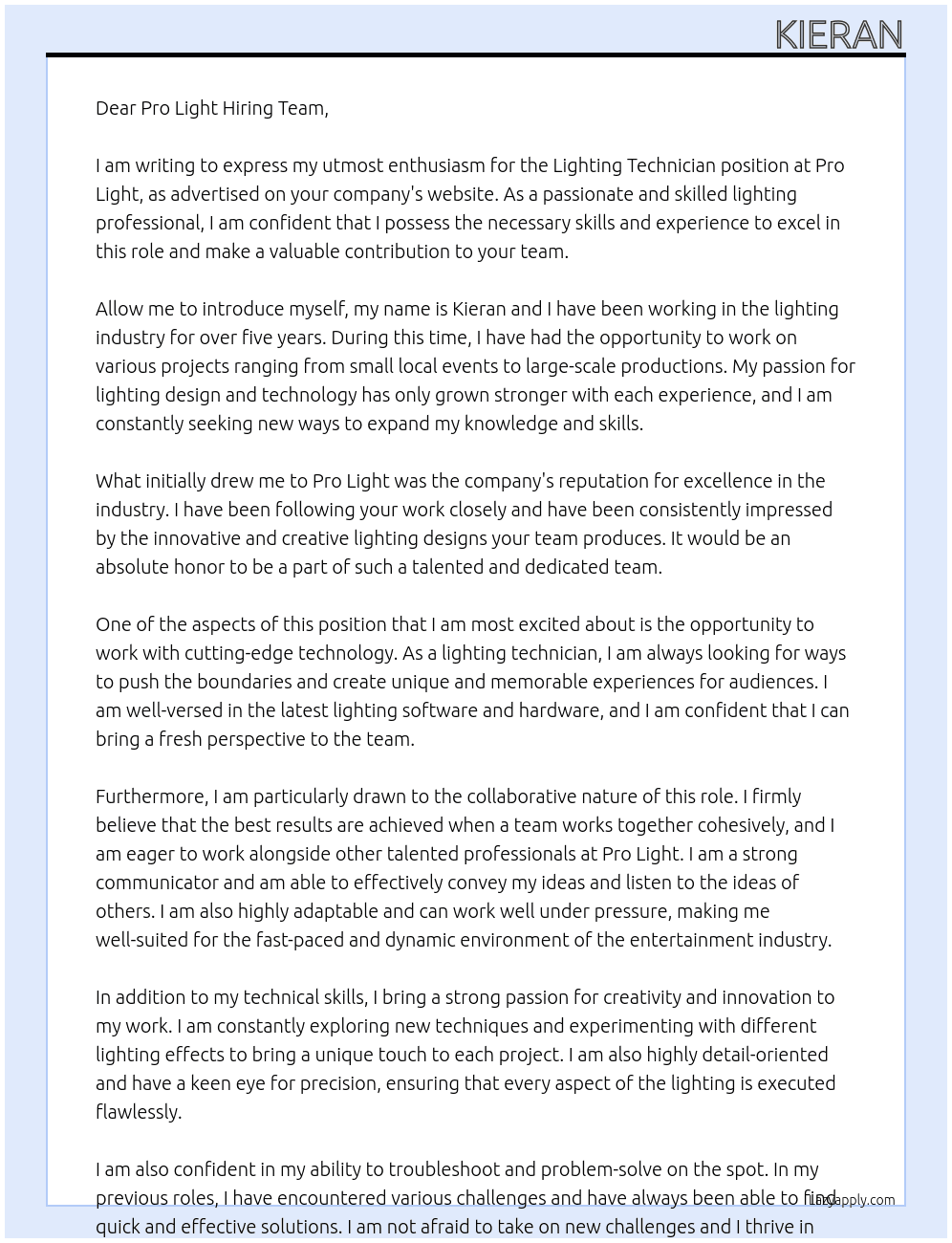 Lighting Technician At Pro Light Cover Letter