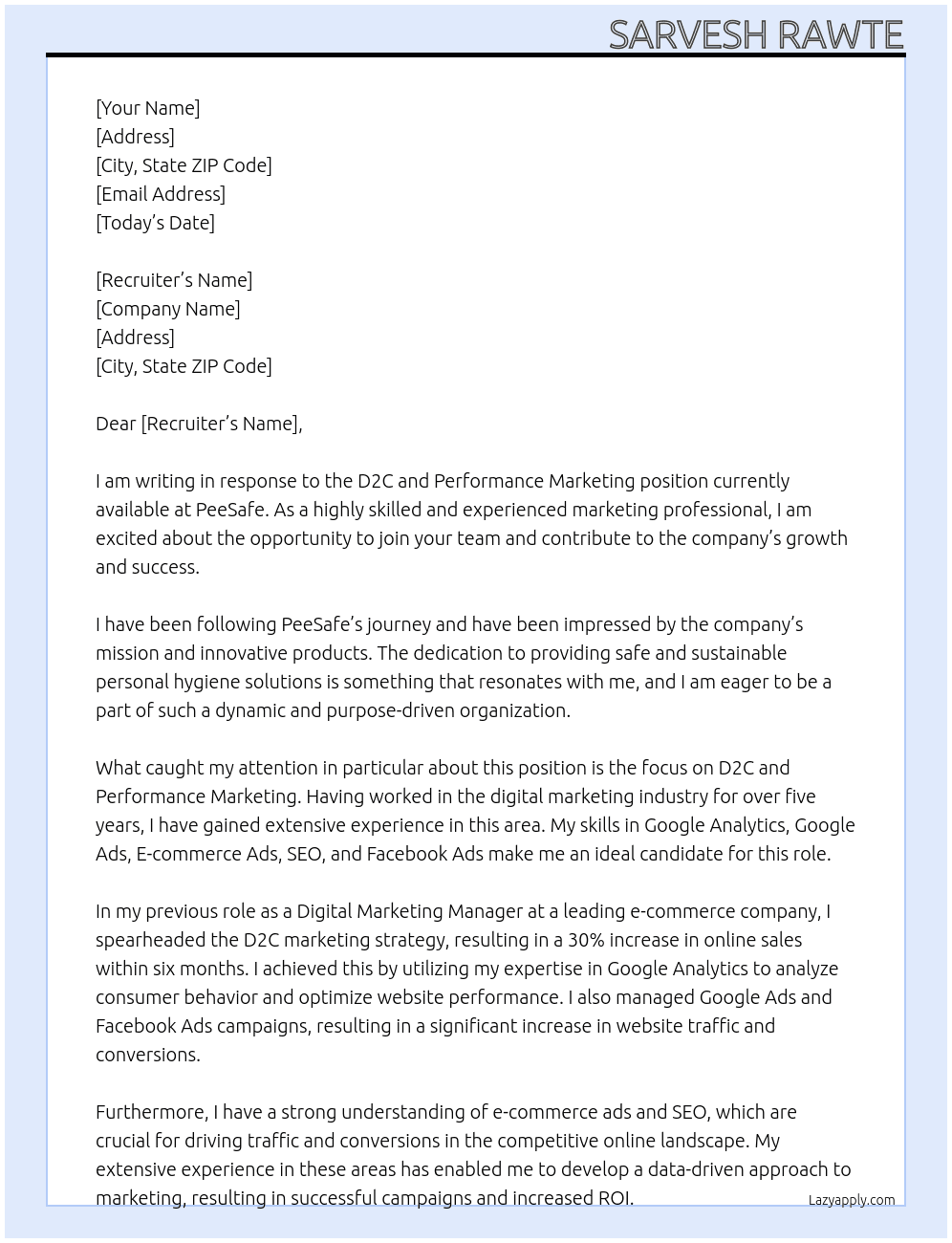 D2C and Performance Marketing At PeeSafe Cover Letter