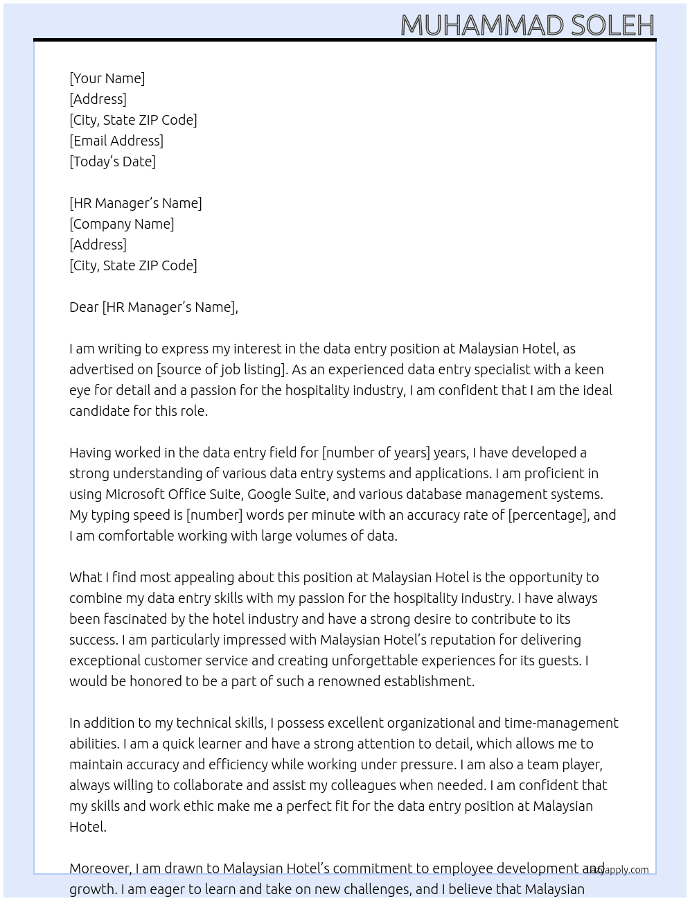 data entry At Malaysian Hotel Cover Letter