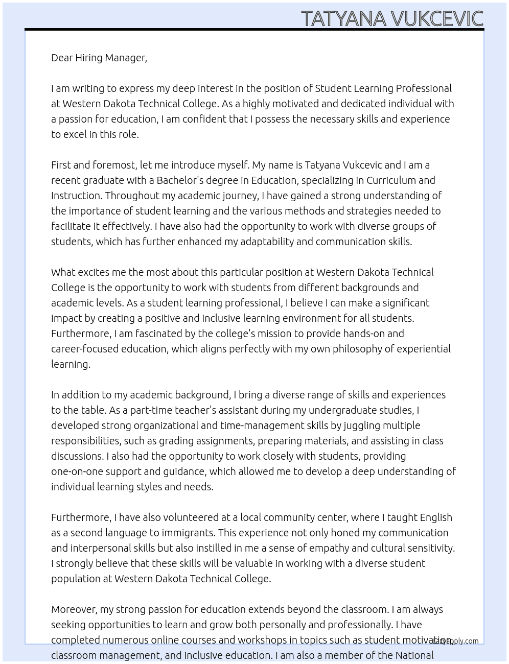 Student Learning Professional At Western Dakota Technical College Cover Letter