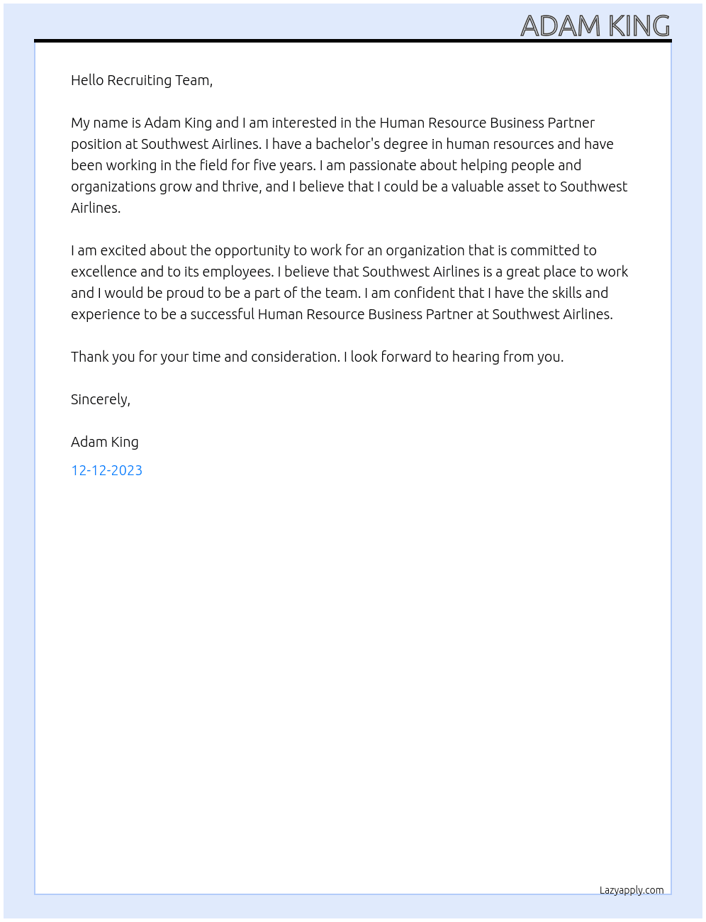 Human Resource Business Partner At Southwest Airlines Cover Letter