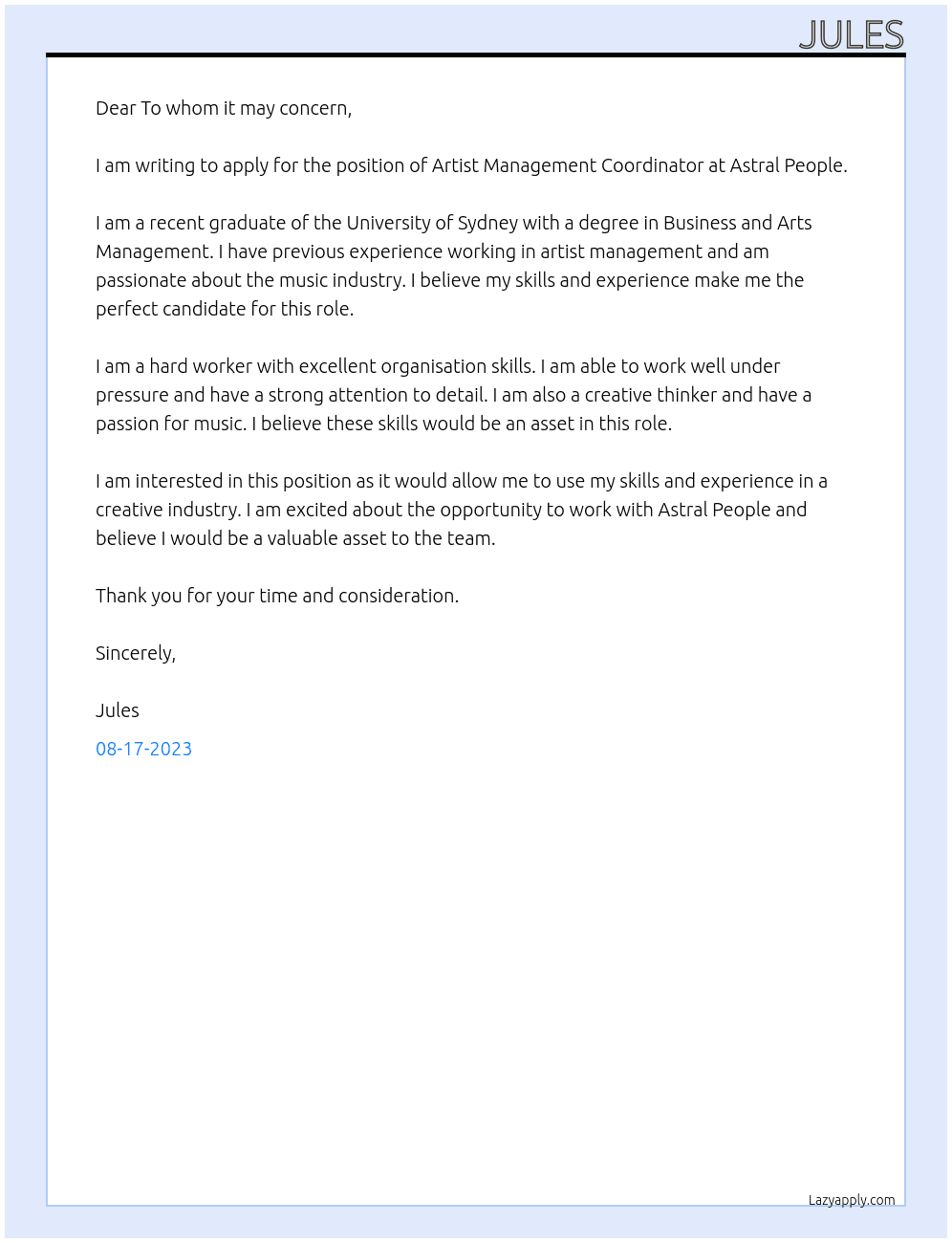 ARTIST MANAGEMENT COORDINATOR At Astral People Cover Letter