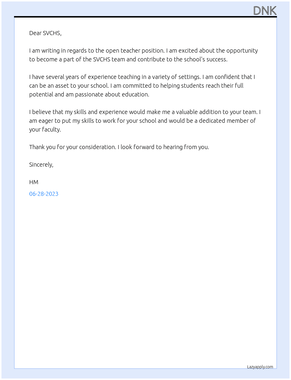 Teacher At SVCHS Cover Letter