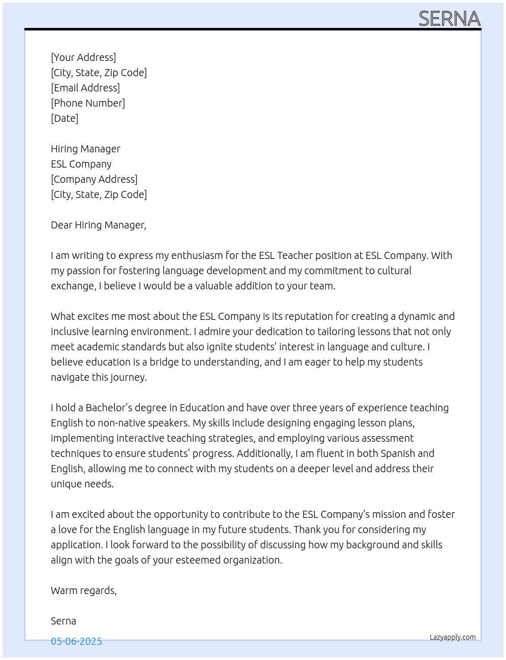 ESL teacher At ESL company Cover Letter