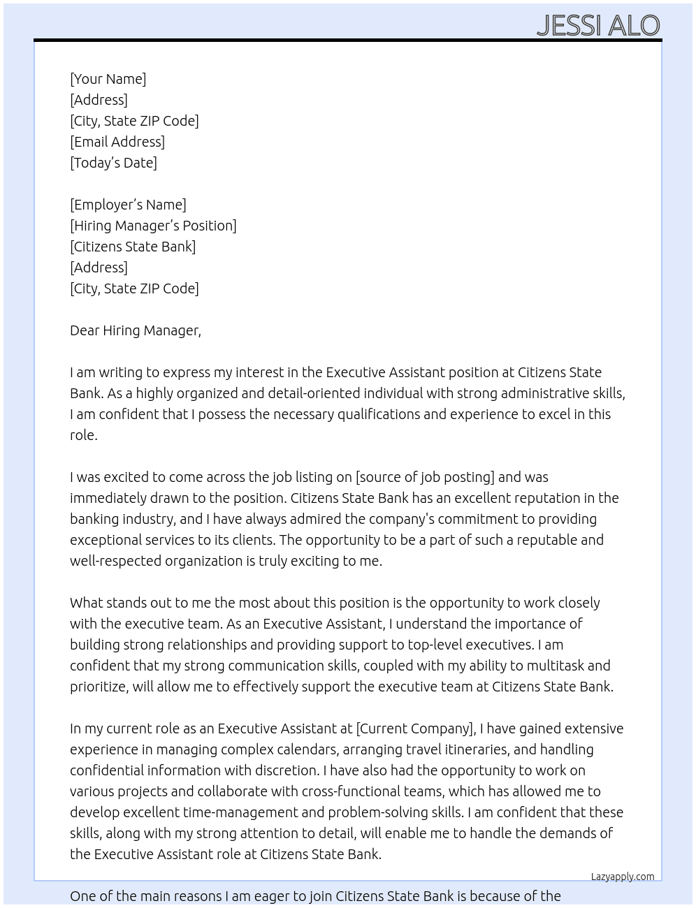 Executive Assistant At Citizens State Bank Cover Letter