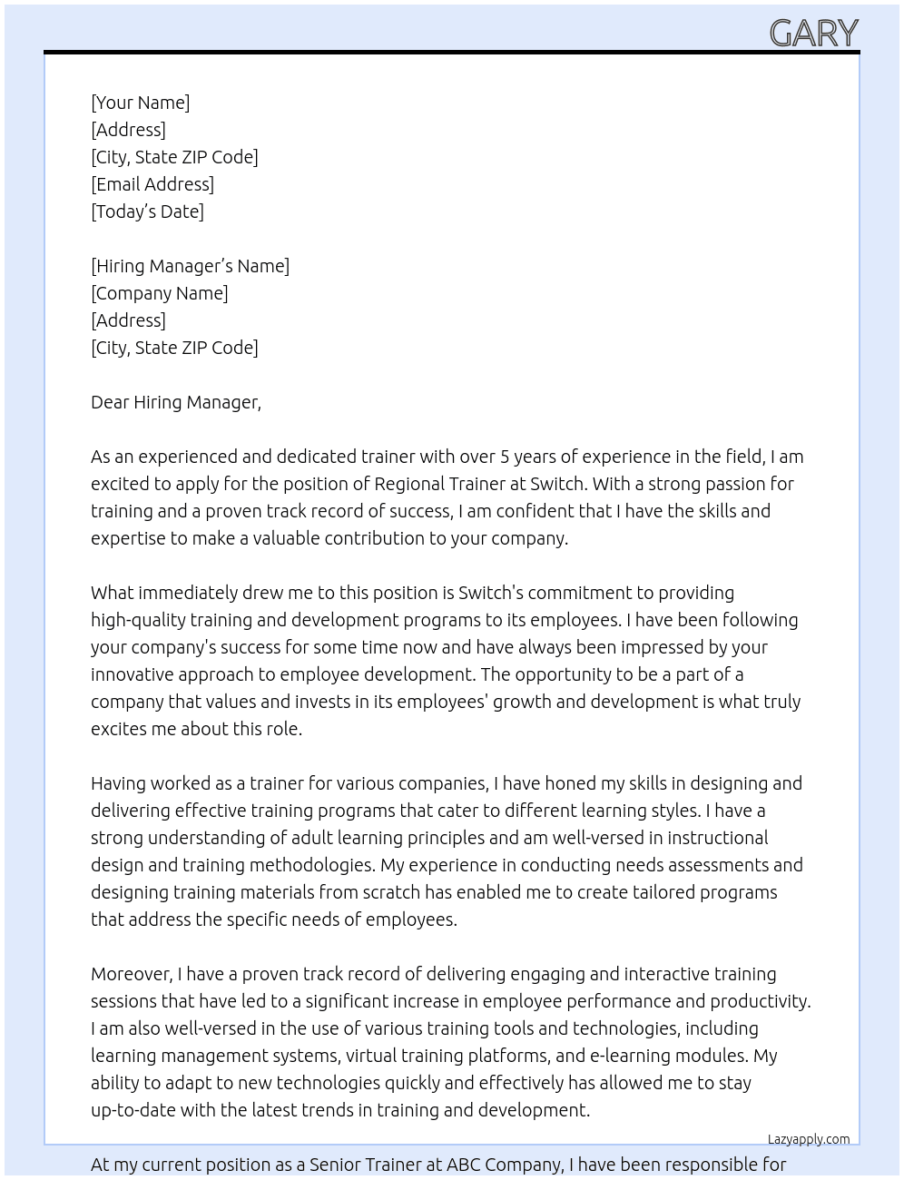 Regional Trainer At Switch Cover Letter