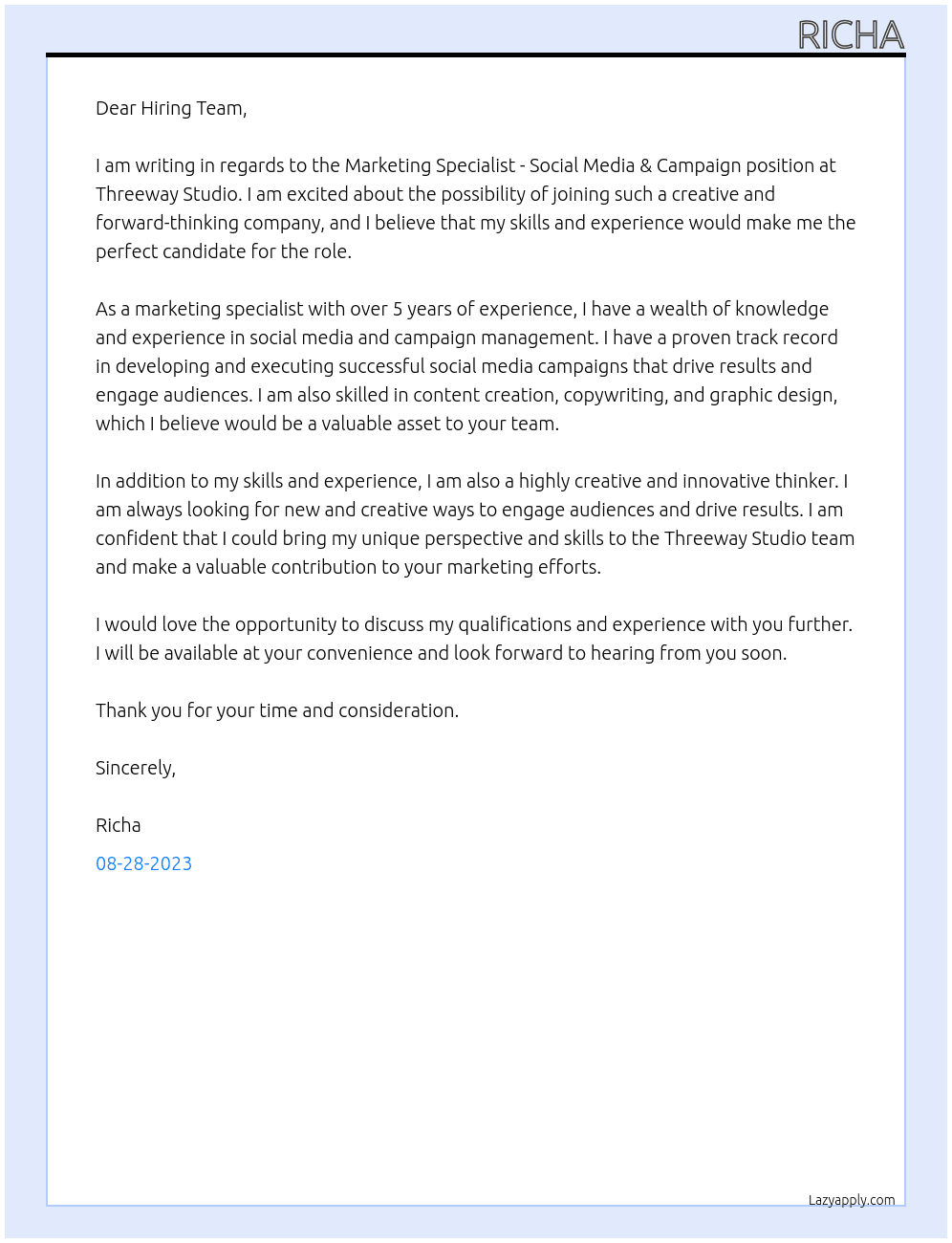 Marketing Specialist - Social Media & Campaign At Threeway Studio Cover Letter