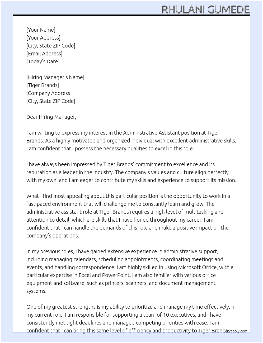 Administrative assistant At Tiger Brands Cover Letter