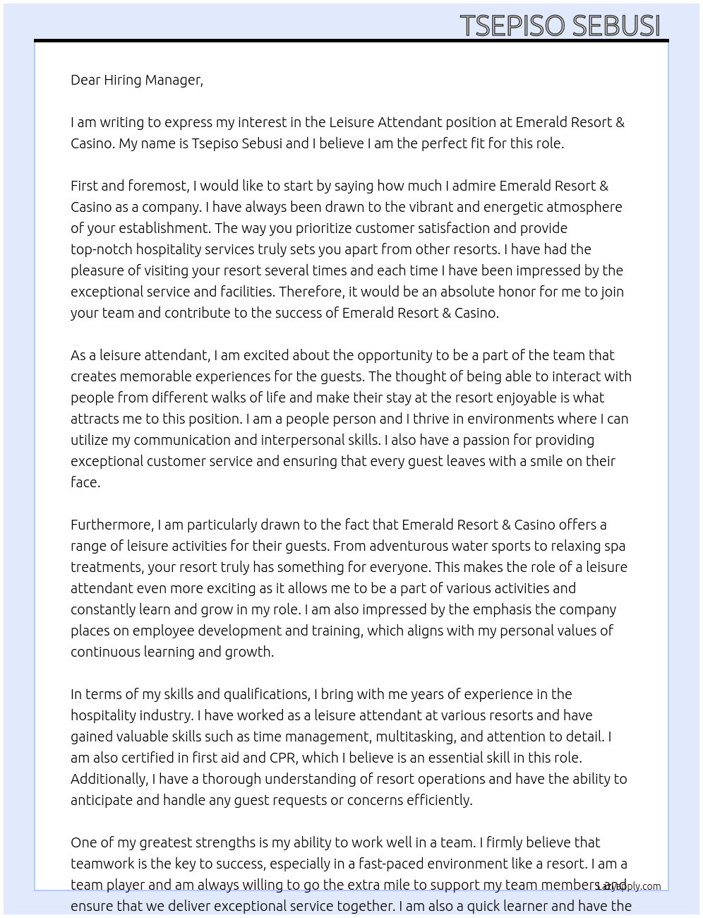 Leisure attendant  At Emerald Resort & Casino Cover Letter