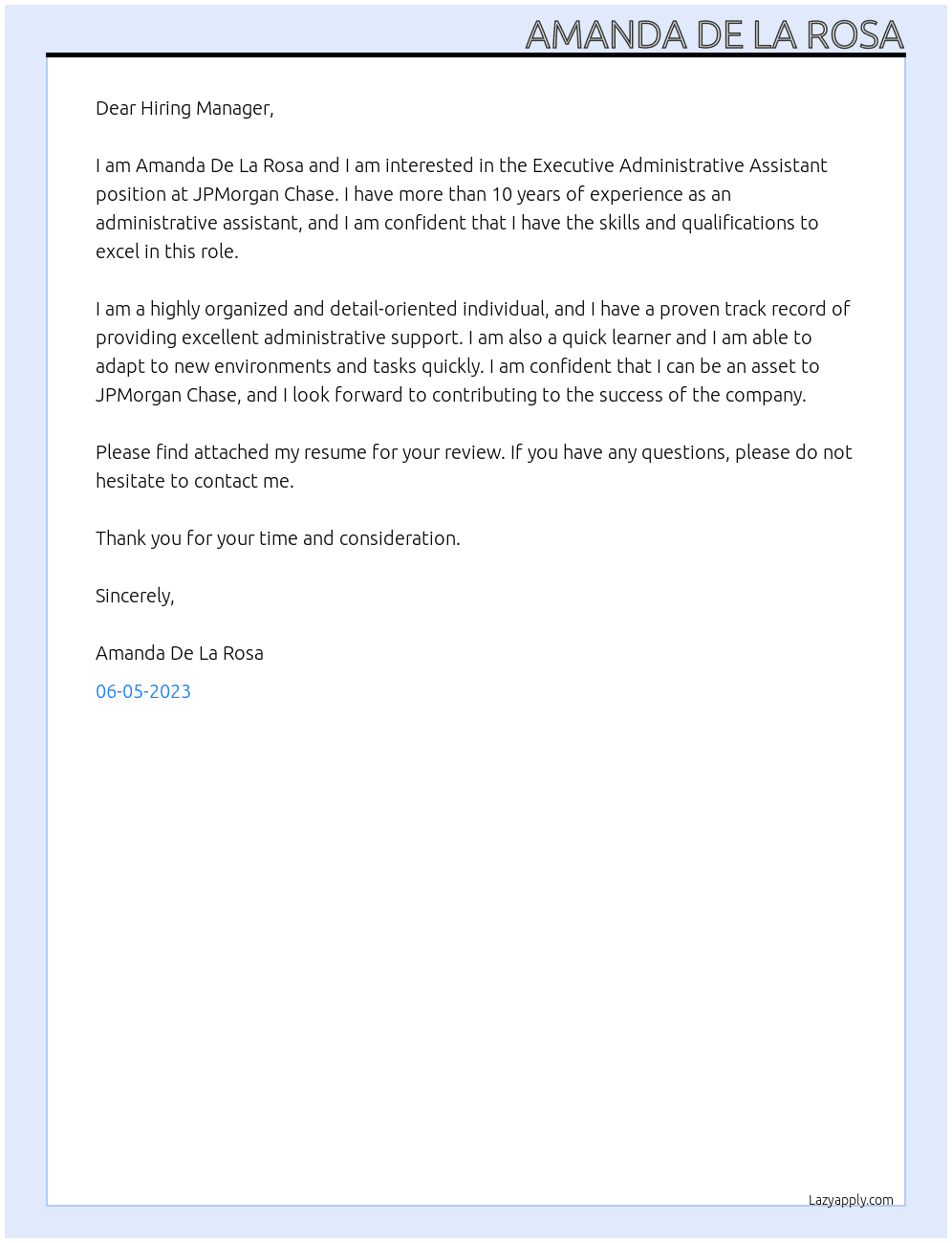Executive Administrative Assistant At JPMorgan Chase Cover Letter