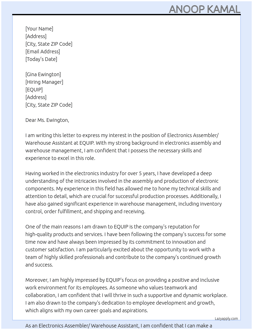 Electronics Assembler/ Warehouse Assistant At EQUIP Cover Letter