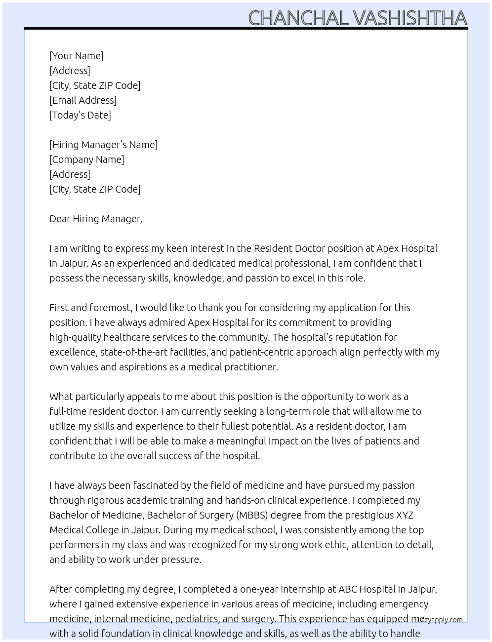 Resident doctor At Apex hospital Cover Letter