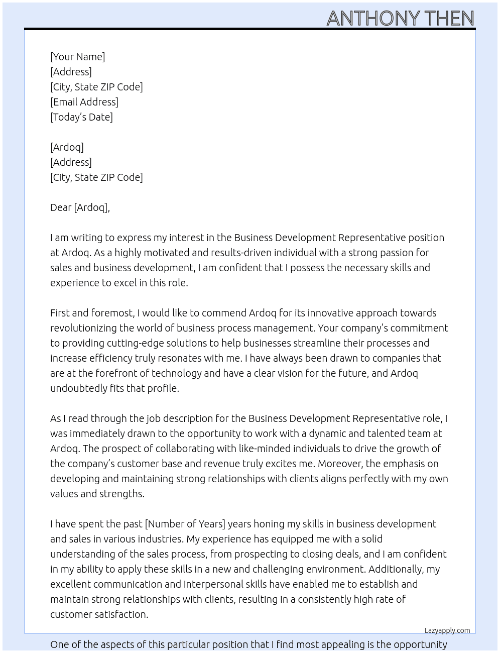 Business Development Representative At ardoq Cover Letter