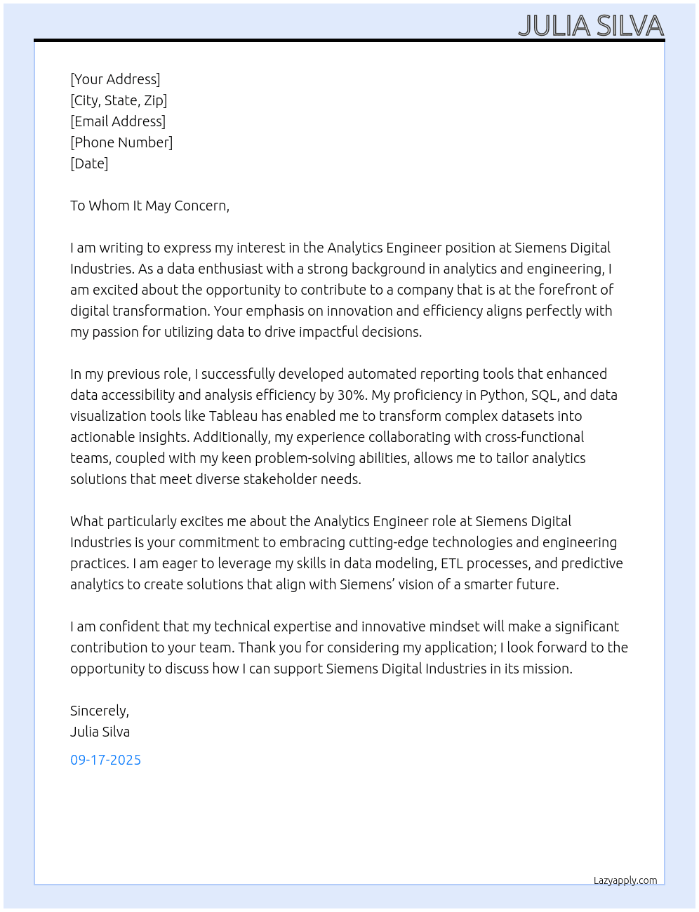 Cover letter for analytics engineer - LazyApply