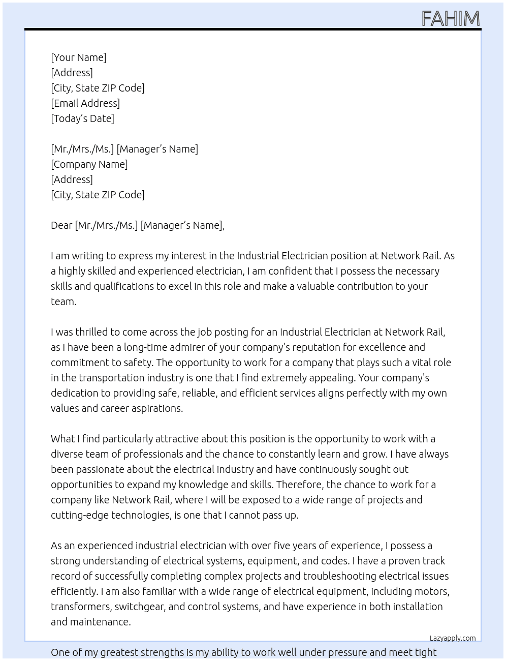 industrial electrician At network rail Cover Letter