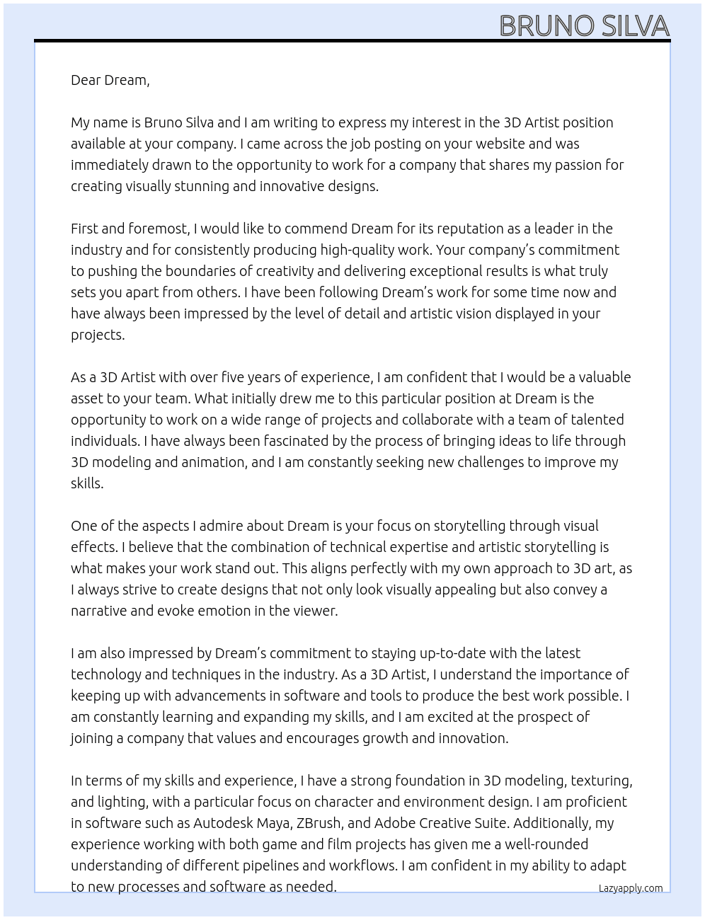 3D Artist At Dream Cover Letter