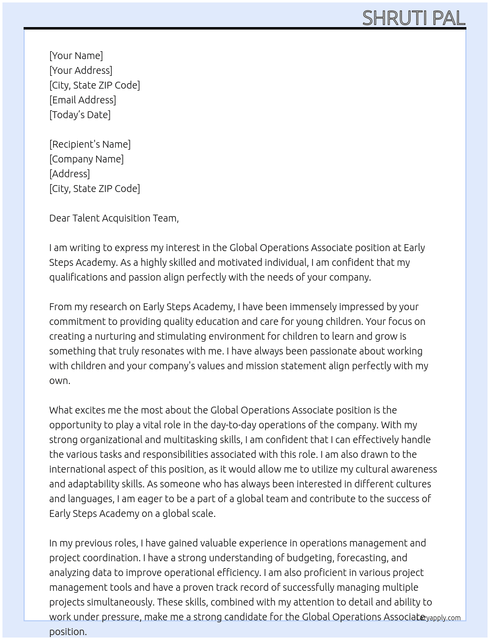 Global Operations Associate At Early Steps Academy Cover Letter