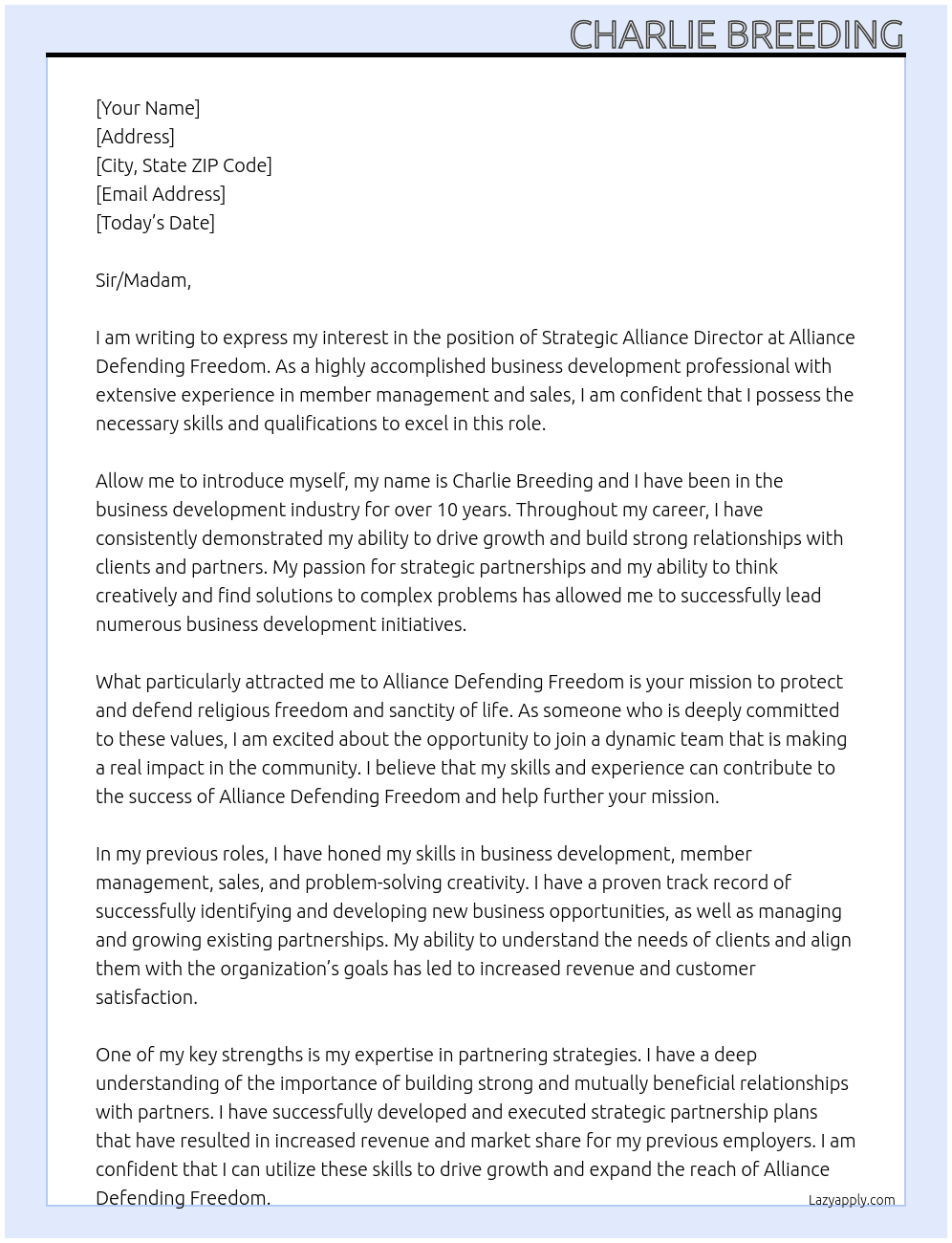 Strategic Alliance Director At Alliance Defending Freedom Cover Letter