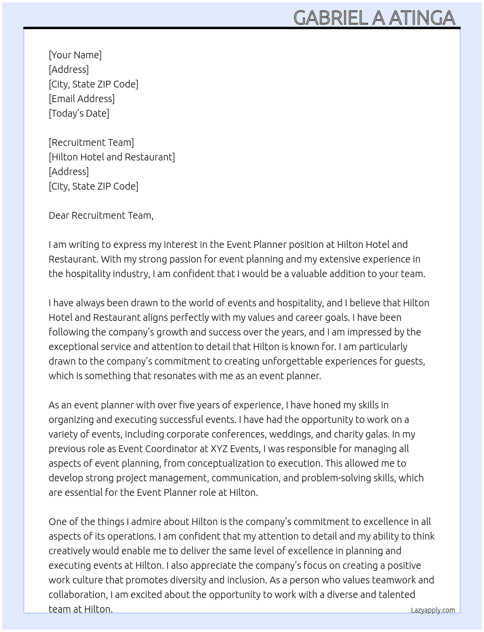 Event planner  At Hilton Hotel and restaurant  Cover Letter