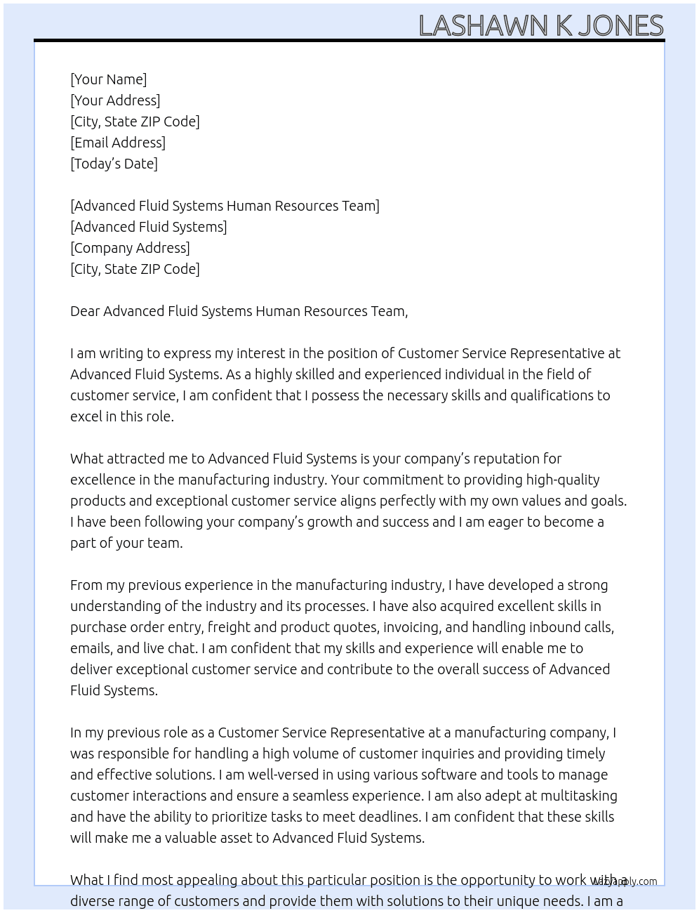 Customer Service Representative At Advanced Fluid Systems Cover Letter