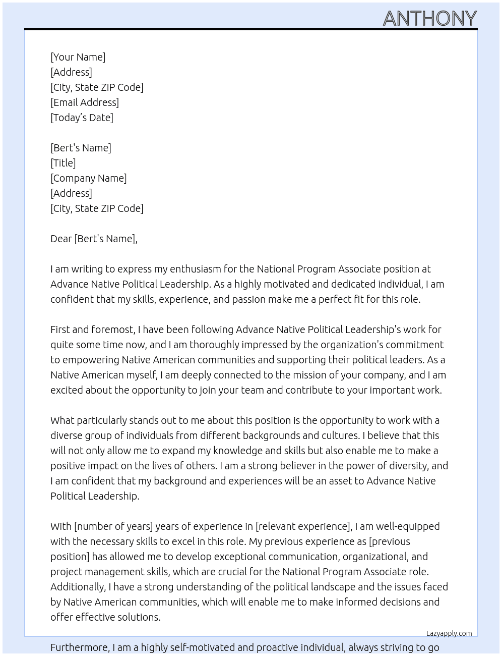 National Program Associate  At advance native political leadership Cover Letter